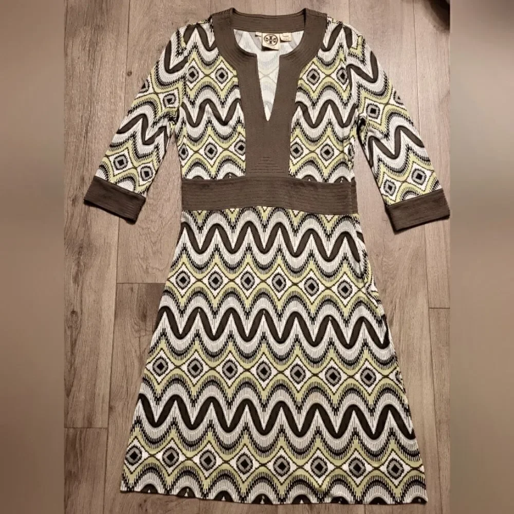 Tory Burch Geometric Silk  Dress Brown Size S